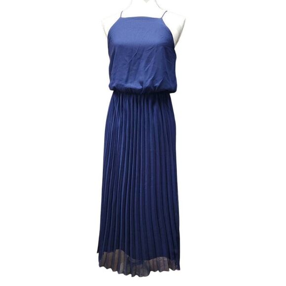 Sam Edelman Size 4 Electric Pleated A Line Long Midi Dress Navy Blue Halter Top - Picture 1 of 10
